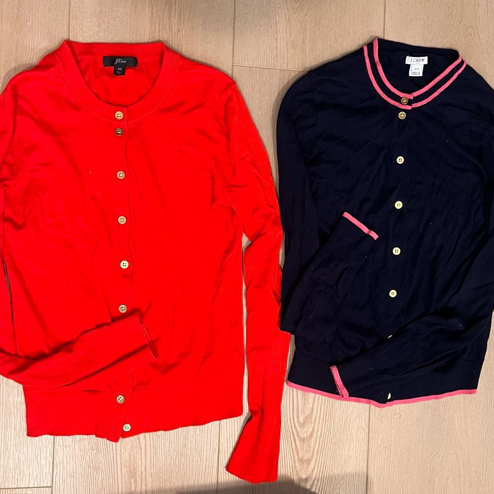 J. Crew Red Crewneck Cardigan & Navy Cardigan with Pink Trim